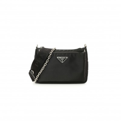 PRADA BLACK RE-NYLON SAFFIANO DOUBLE POUCH SHOULDER BAG 1BH168 (22*16*4.5cm) 